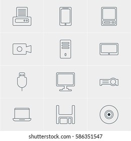 Vector Illustration Of 12 Notebook Icons. Editable Pack Of Pda, Diskette, Printer And Other Elements.