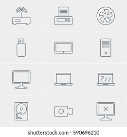 Vector Illustration Of 12 Notebook Icons. Editable Pack Of Router, Mainframe, Notebook And Other Elements.