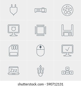 Vector Illustration Of 12 Notebook Icons. Editable Pack Of Keypad, Usb Icon, Microprocessor And Other Elements.