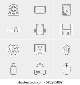 Vector Illustration Of 12 Notebook Icons. Editable Pack Of Cursor Manipulator, Antivirus, Presentation And Other Elements.