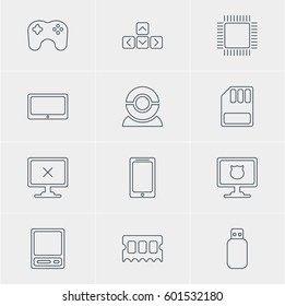 Vector Illustration Of 12 Notebook Icons. Editable Pack Of Flash Drive, Gamepad, Storage And Other Elements.