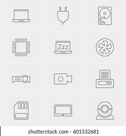 Vector Illustration Of 12 Notebook Icons. Editable Pack Of Web Camera, Cooler, Presentation And Other Elements.