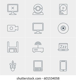 Vector Illustration Of 12 Notebook Icons. Editable Pack Of Smartphone, Movie Cam, Web Camera And Other Elements.