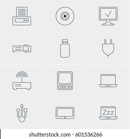 Vector Illustration Of 12 Notebook Icons. Editable Pack Of Laptop, Pda, Printer And Other Elements.