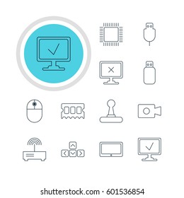 Vector Illustration Of 12 Notebook Icons. Editable Pack Of Serial Bus, Movie Cam, Online Computer And Other Elements.