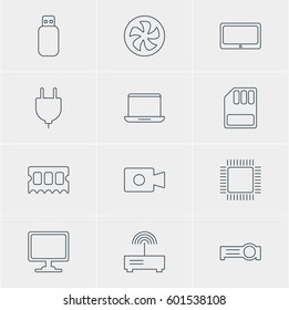 Vector Illustration Of 12 Notebook Icons. Editable Pack Of Presentation, Flash Drive, Tablet And Other Elements.