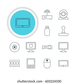 Vector Illustration Of 12 Notebook Icons. Editable Pack Of Router, Screen, Memory Chip And Other Elements.