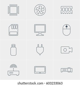 Vector Illustration Of 12 Notebook Icons. Editable Pack Of Cooler, Screen, Microprocessor And Other Elements.