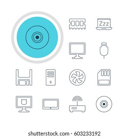 Vector Illustration Of 12 Notebook Icons. Editable Pack Of Antivirus, Laptop, Memory Chip And Other Elements.