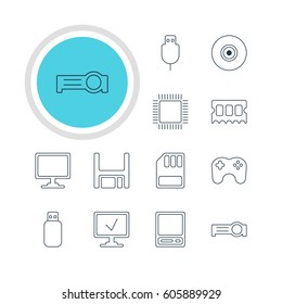 Vector Illustration Of 12 Notebook Icons. Editable Pack Of Screen, Flash Drive, Gamepad And Other Elements.