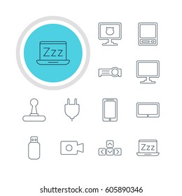 Vector Illustration Of 12 Notebook Icons. Editable Pack Of Smartphone, Game Controller, Flash Drive And Other Elements.
