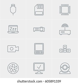 Vector Illustration Of 12 Notebook Icons. Editable Pack Of Microprocessor, Pda, Presentation And Other Elements.