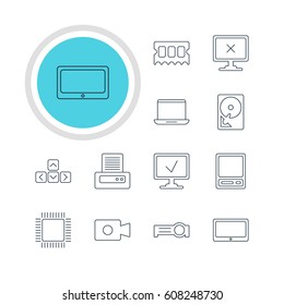 Vector Illustration Of 12 Notebook Icons. Editable Pack Of Hard Drive Disk, Printer, Microprocessor And Other Elements.