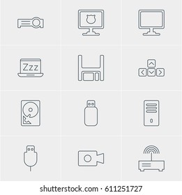Vector Illustration Of 12 Notebook Icons. Editable Pack Of Diskette, Movie Cam, Mainframe And Other Elements.