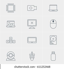 Vector Illustration Of 12 Notebook Icons. Editable Pack Of Web Camera, Access Denied, Microprocessor And Other Elements.