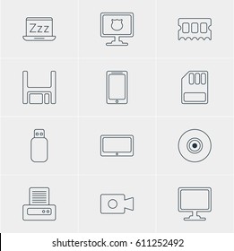Vector Illustration Of 12 Notebook Icons. Editable Pack Of Storage, Laptop, Printer And Other Elements.