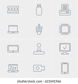 Vector Illustration Of 12 Notebook Icons. Editable Pack Of Usb Icon, Memory Chip, Printer And Other Elements.