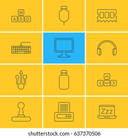 Vector Illustration Of 12 Notebook Icons. Editable Pack Of Headsets, Keypad, Memory Chip And Other Elements.