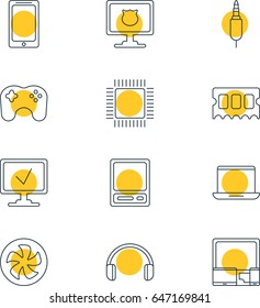 Vector Illustration Of 12 Notebook Icons. Editable Pack Of Antivirus, Online Computer, Gamepad And Other Elements.
