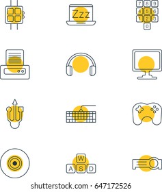 Vector Illustration Of 12 Notebook Icons. Editable Pack Of Printer, Keyboard, Laptop And Other Elements.