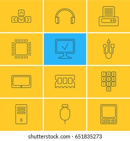 Vector Illustration Of 12 Notebook Icons. Editable Pack Of Pda, Serial Bus, Headsets And Other Elements.