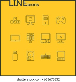 Vector Illustration Of 12 Notebook Icons. Editable Pack Of Flash Drive, Keypad, Qwerty Board And Other Elements.