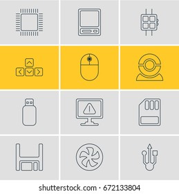 Vector Illustration Of 12 Notebook Icons. Editable Pack Of Warning, Keypad, Cursor Manipulator And Other Elements.