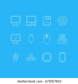 Vector Illustration Of 12 Notebook Icons. Editable Pack Of Storage, Serial Bus, Printer And Other Elements.