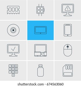 Vector Illustration Of 12 Notebook Icons. Editable Pack Of Online Computer, Flash Drive, Gadgets And Other Elements.