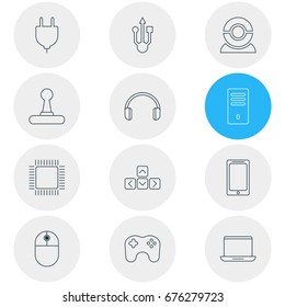 Vector Illustration Of 12 Notebook Icons. Editable Pack Of Game Controller, Cursor Manipulator, Keypad And Other Elements.