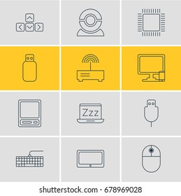 Vector Illustration Of 12 Notebook Icons. Editable Pack Of Phone Near Computer, Pda, Cursor Manipulator And Other Elements.