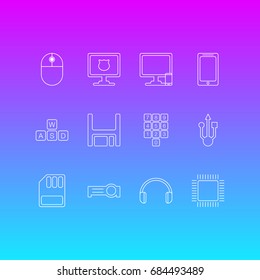 Vector Illustration Of 12 Notebook Icons. Editable Pack Of Usb Icon, Phone Near Computer, Diskette And Other Elements.