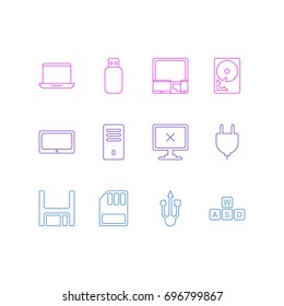 Vector Illustration Of 12 Notebook Icons. Editable Pack Of Flash Drive, Usb Icon, Notebook And Other Elements.