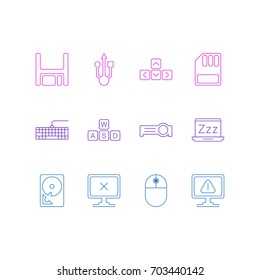 Vector Illustration Of 12 Notebook Icons. Editable Pack Of Keypad, Keyboard, Warning And Other Elements.