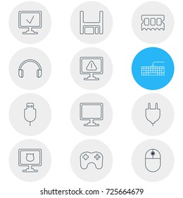 Vector Illustration Of 12 Notebook Icons. Editable Pack Of Gamepad, Online Computer, Serial Bus And Other Elements.