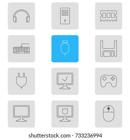Vector Illustration Of 12 Notebook Icons. Editable Pack Of Cursor Manipulator, Headsets, Gamepad And Other Elements.