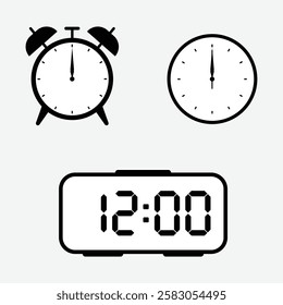 vector illustration of 12 o'clock, timer and 12 o'clock alarm