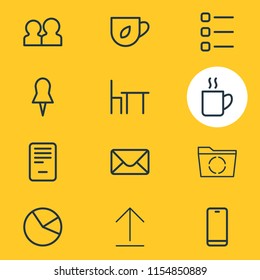 Vector illustration of 12 office icons line style. Editable set of coffee mug, smartphone, team and other icon elements.