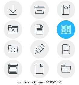 Vector Illustration Of 12 Office Icons. Editable Pack Of Page, Note, Deleting Folder And Other Elements.