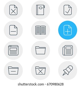 Vector Illustration Of 12 Office Icons. Editable Pack Of Plus, Done, Textbook And Other Elements.
