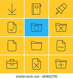 Vector Illustration Of 12 Office Icons. Editable Pack Of Document, Delete, Remove And Other Elements.