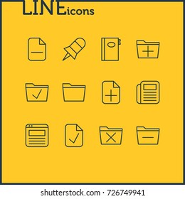 Vector Illustration Of 12 Office Icons. Editable Pack Of Book, Add, Deleting Folder And Other Elements.