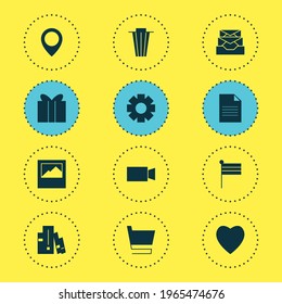 Vector illustration of 12 online icons. Editable set of flag, camcorder, present and other icon elements.