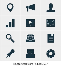 Vector Illustration Of 12 Online Icons. Editable Pack Of Map Pointer, Maximize, Thumbtack And Other Elements.
