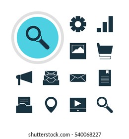 Vector Illustration Of 12 Online Icons. Editable Pack Of Landscape Photo, Increase Chart , Magnifier Elements.