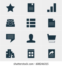 Vector Illustration Of 12 Online Icons. Editable Pack Of Bookshelf, List, Document Transfer And Other Elements.