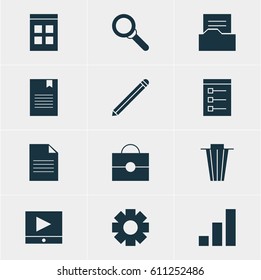 Vector Illustration Of 12 Online Icons. Editable Pack Of Gear, Play Button, Date Time And Other Elements.