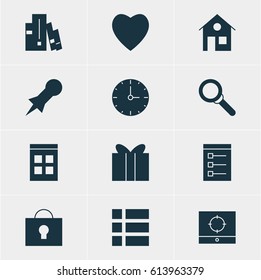 Vector Illustration Of 12 Online Icons. Editable Pack Of Magnifier, Thumbtack, Keyhole And Other Elements.