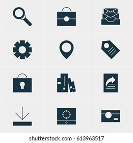 Vector Illustration Of 12 Online Icons. Editable Pack Of Portfolio, Target Scope, Upload And Other Elements.