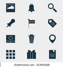 Vector Illustration Of 12 Online Icons. Editable Pack Of Thumbtack, Grid, Landscape Photo Elements.